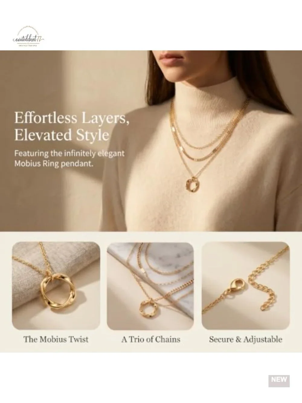 14K Gold Plated Layered Necklace Set with Dainty Pendant & Bracelet